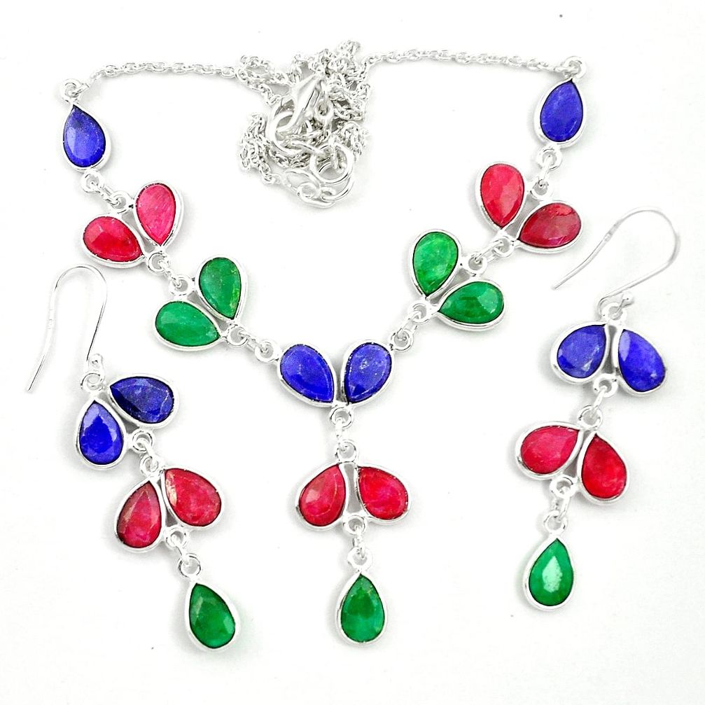 Natural red ruby emerald 925 silver earrings necklace set m44082