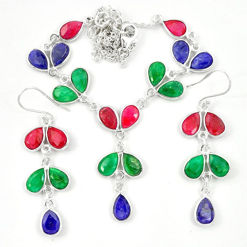 Natural red ruby green emerald 925 silver earrings necklace set m44084