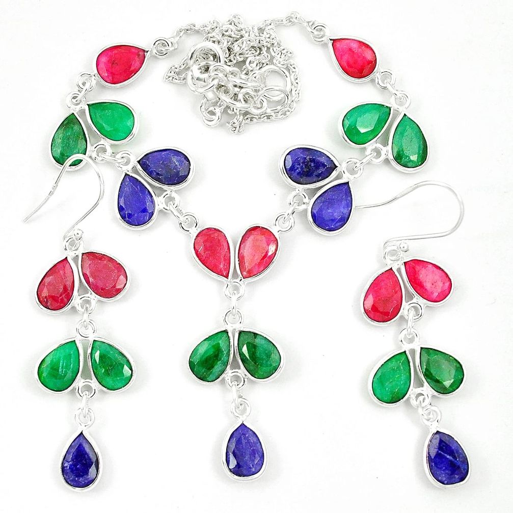 925 silver natural red ruby emerald sapphire earrings necklace set m44085