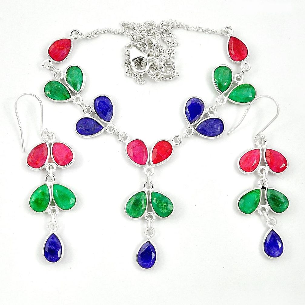 Natural red ruby emerald 925 silver earrings necklace set m44086