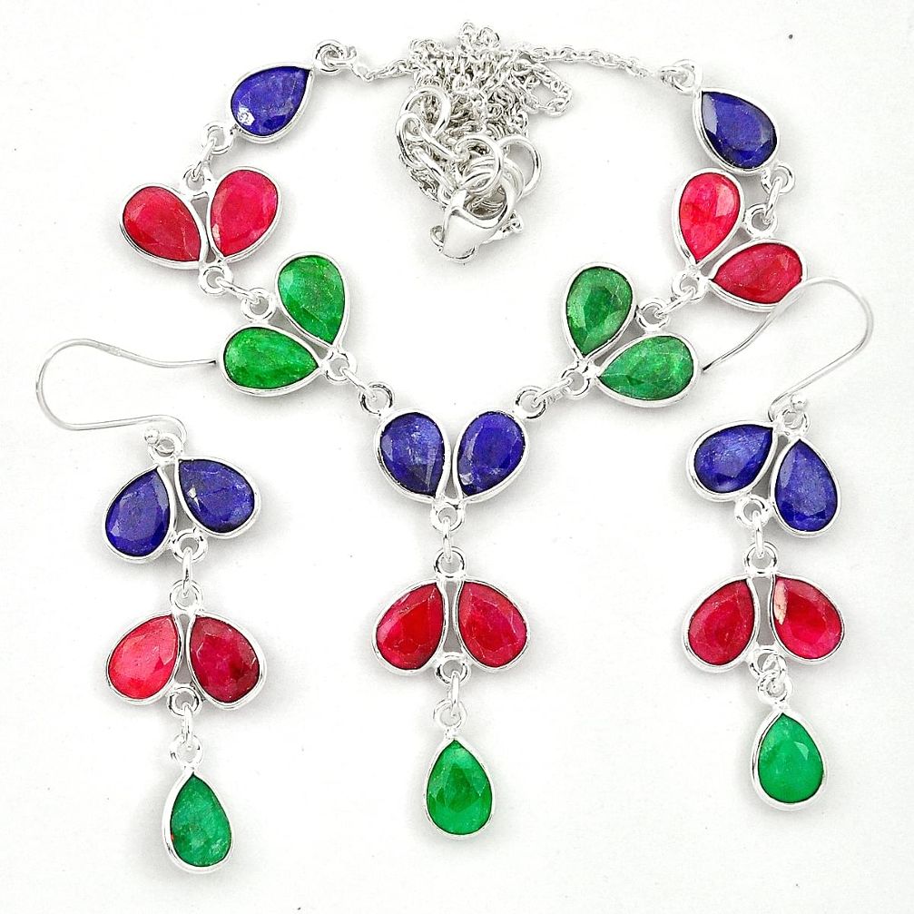 925 sterling silver natural red ruby emerald earrings necklace set m44089