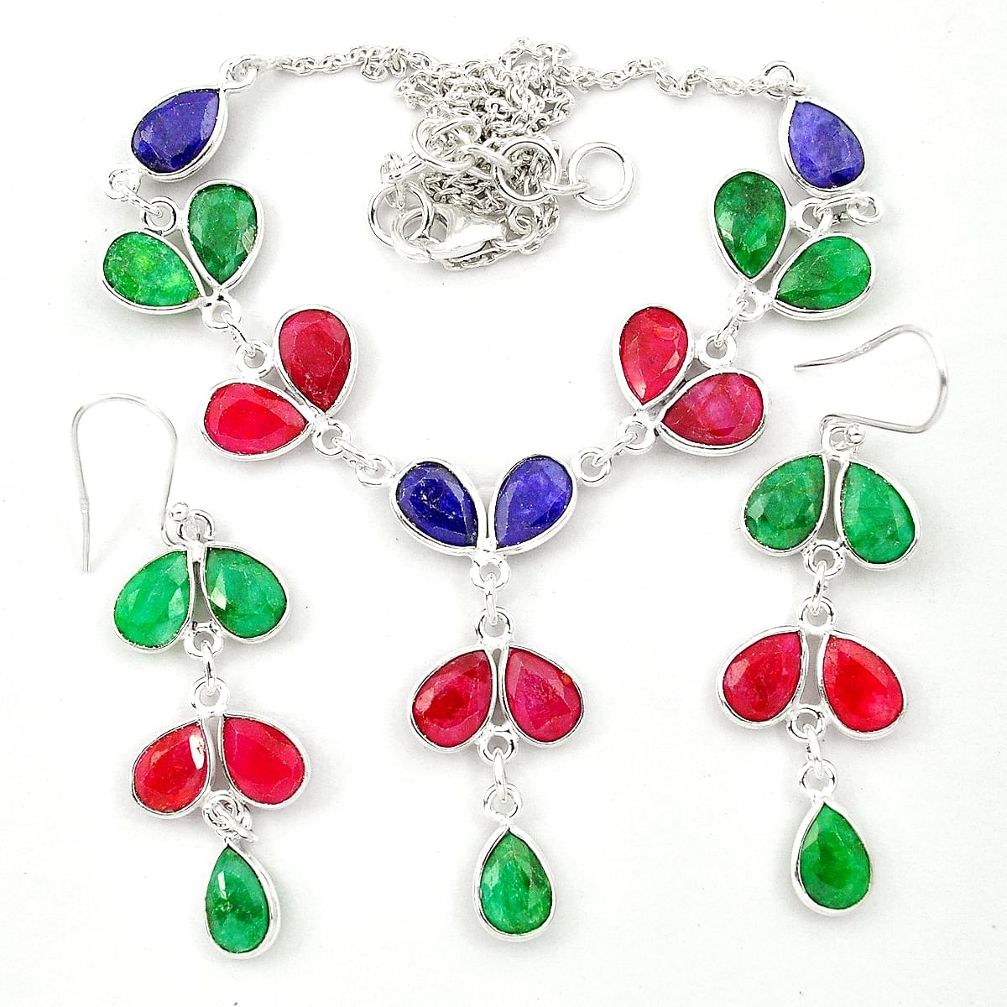 Natural red ruby emerald 925 silver earrings necklace set m44092