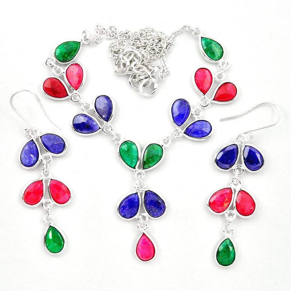 Natural red ruby emerald sapphire 925 silver earrings necklace set m44094