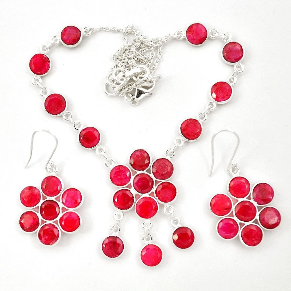 925 sterling silver natural red ruby round earrings necklace set m44099