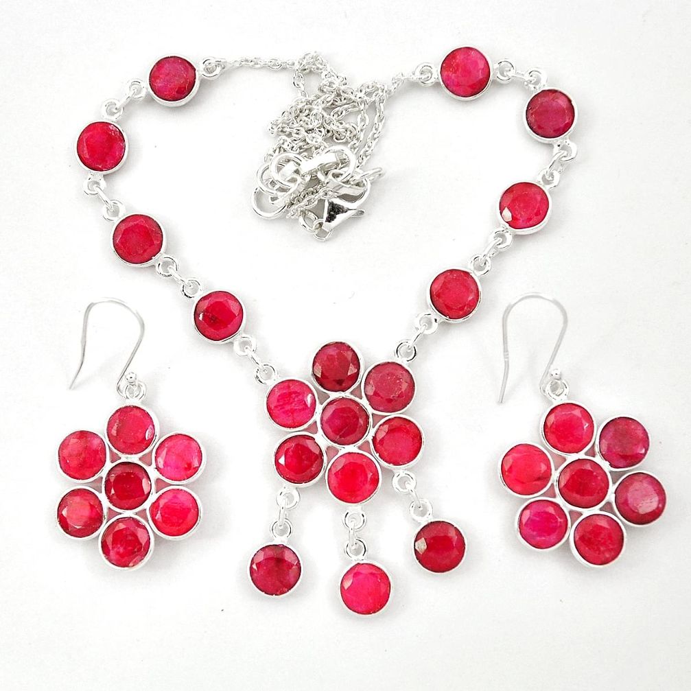 Natural red ruby 925 sterling silver earrings necklace set m44100