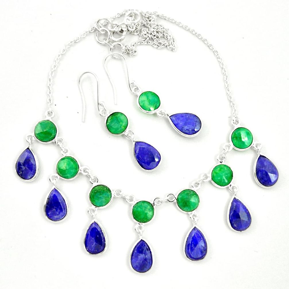 Natural blue sapphire emerald 925 silver earrings necklace set m46864