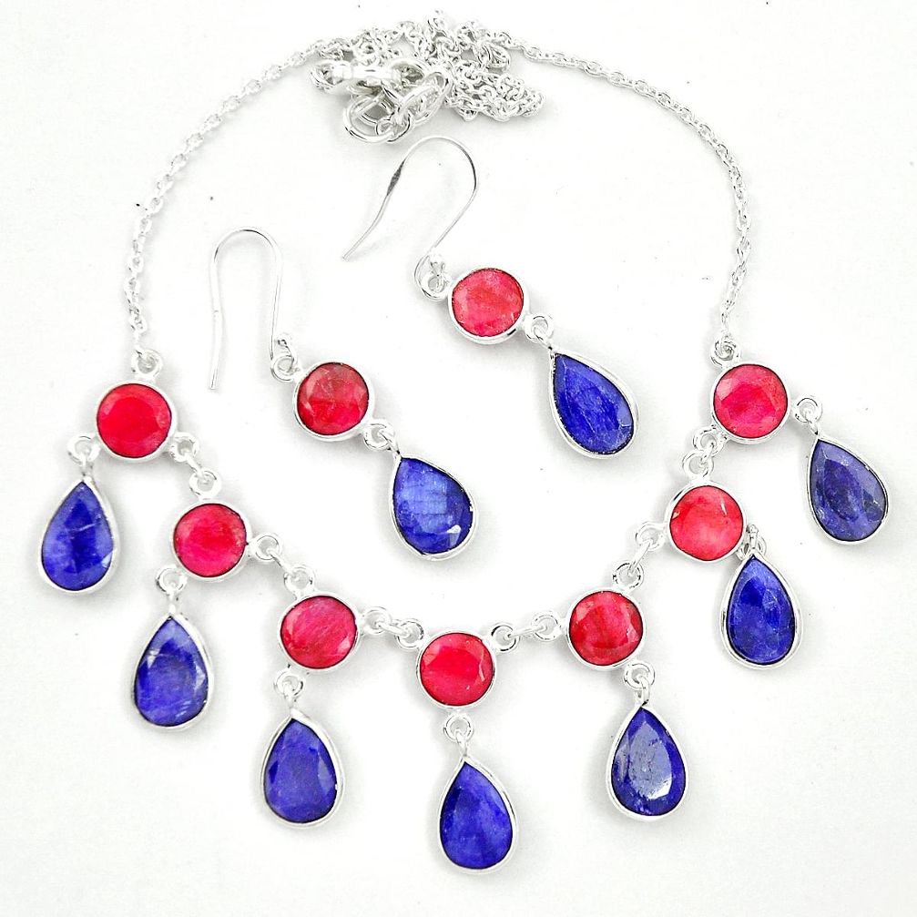 925 silver natural blue sapphire red ruby earrings necklace set m46868