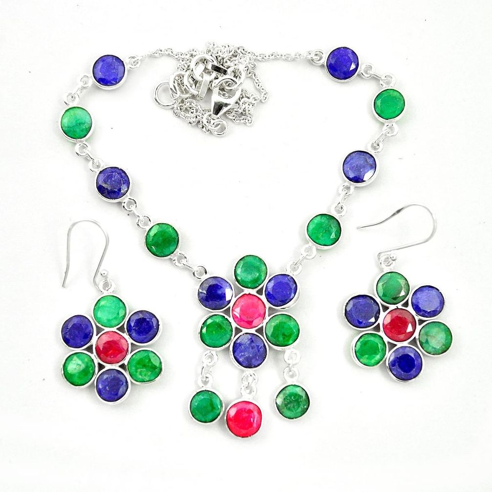 Natural blue sapphire emerald ruby 925 silver earrings necklace set m46870