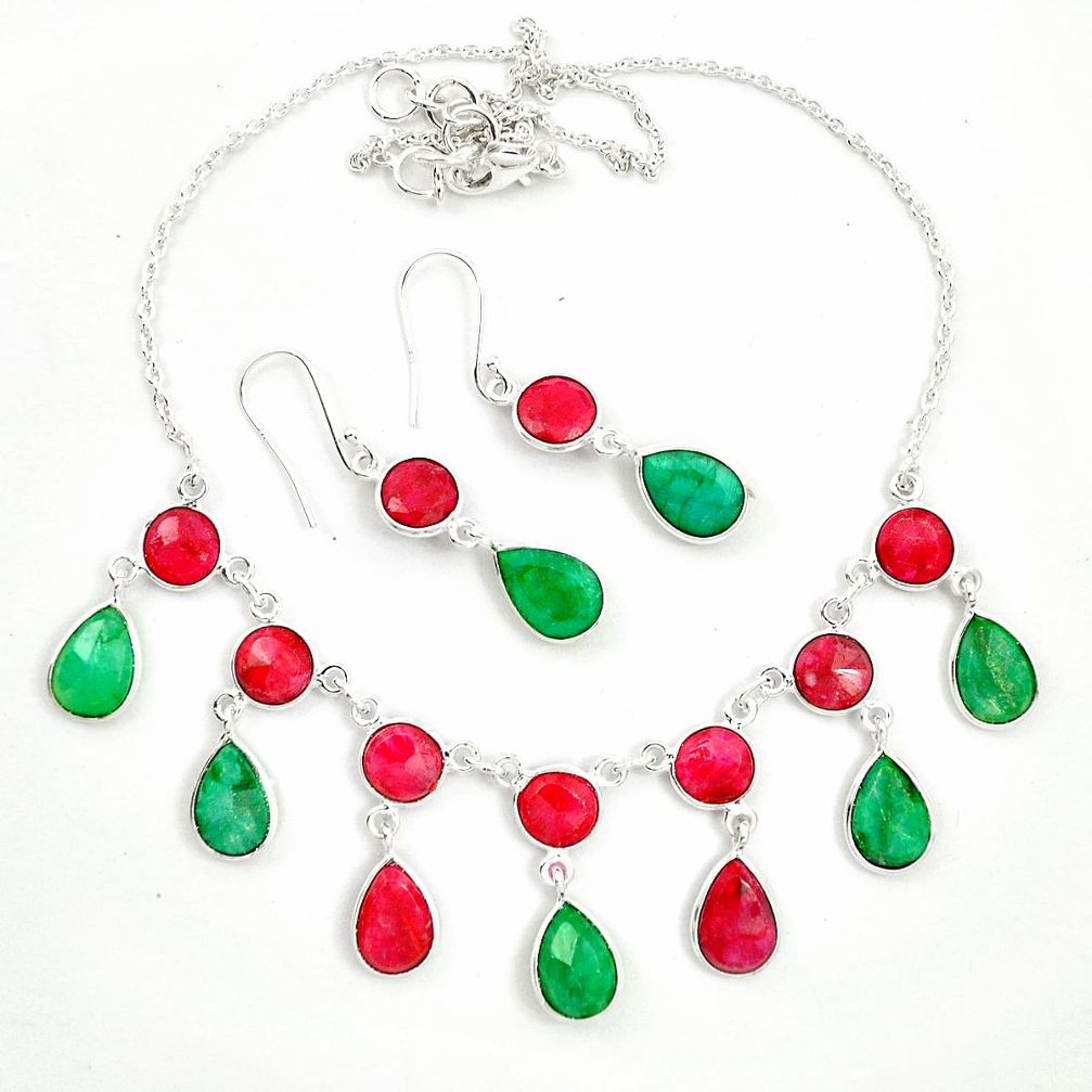 Natural red ruby emerald 925 silver earrings necklace set m46872