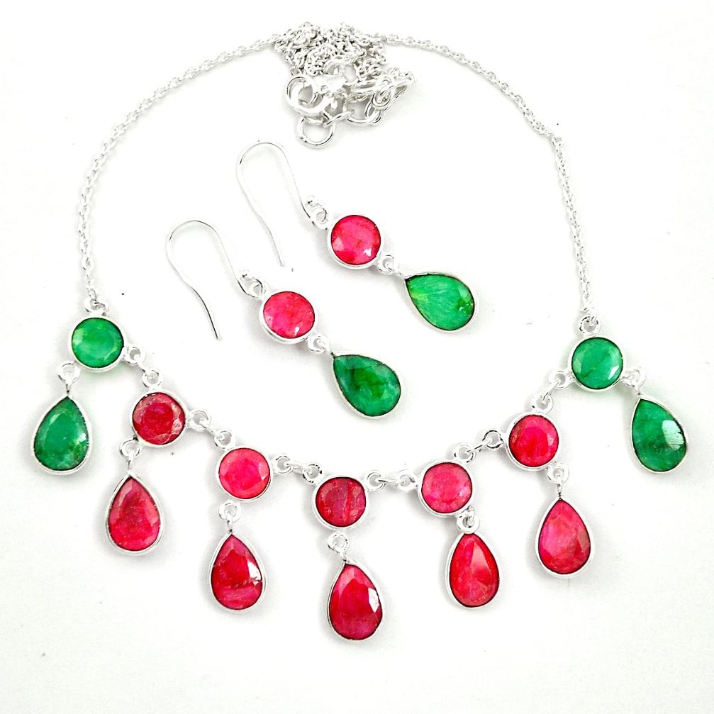 Natural red ruby emerald 925 silver earrings necklace set m46874