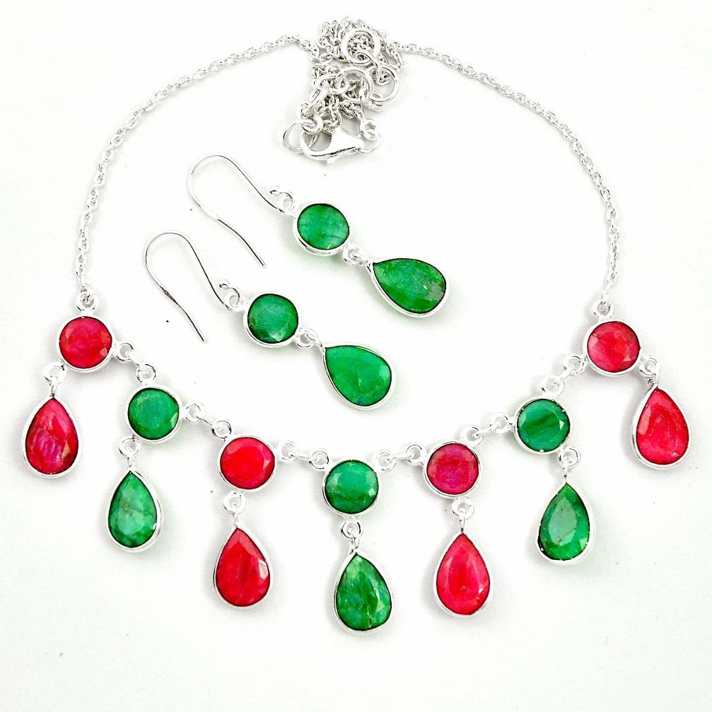 Natural red ruby emerald 925 silver earrings necklace set m46876