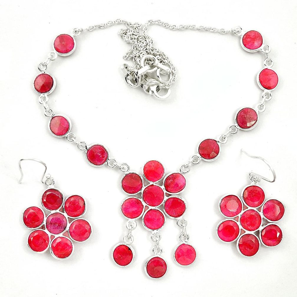 Natural red ruby 925 sterling silver earrings necklace set m46877