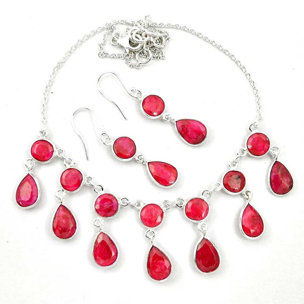 Natural red ruby 925 sterling silver earrings necklace set m46880