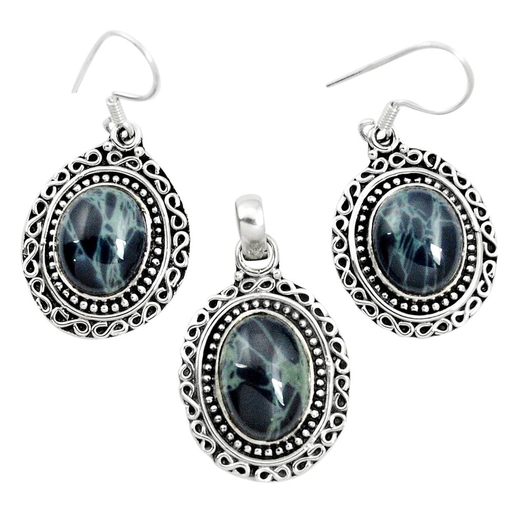 Natural black spider web obsidian 925 silver pendant earrings set m62062