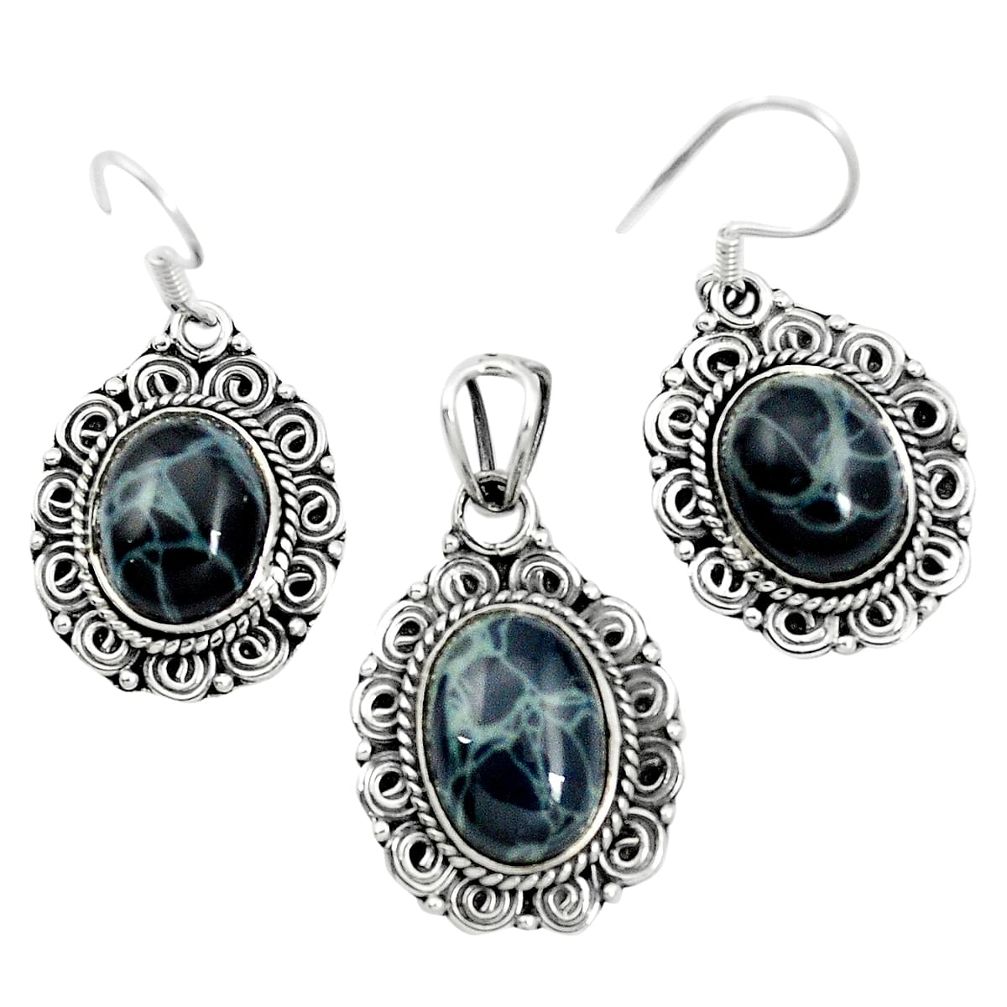 Natural black spider web obsidian 925 silver pendant earrings set m62063