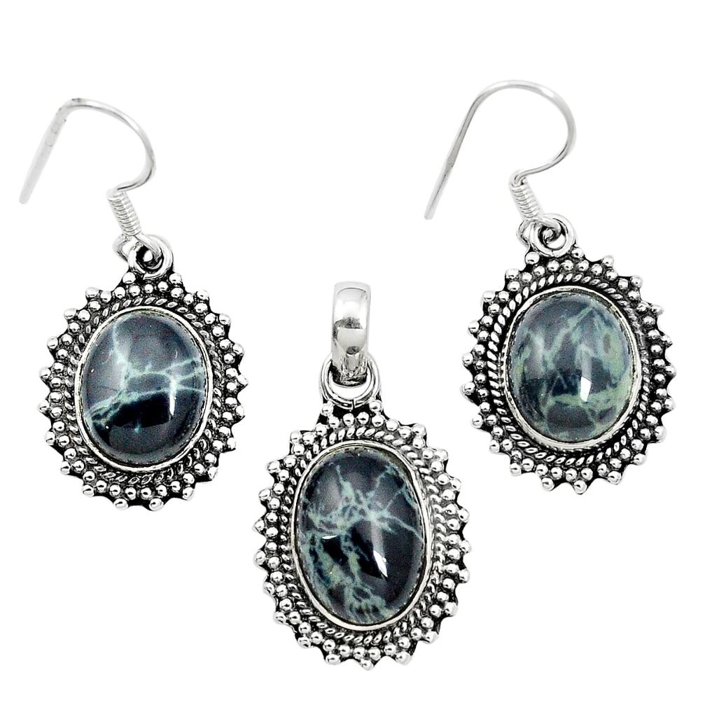 Natural black spider web obsidian 925 silver pendant earrings set m62069