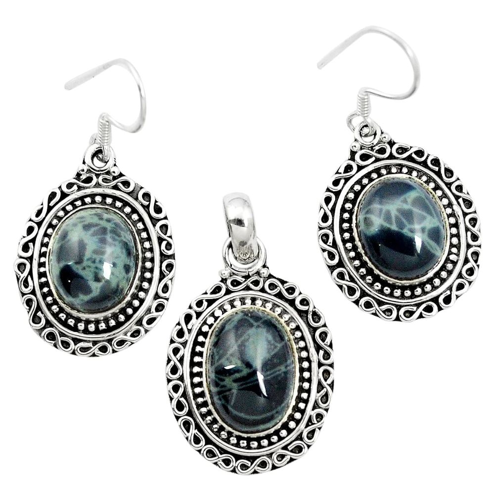 925 silver natural black spider web obsidian oval pendant earrings set m62070