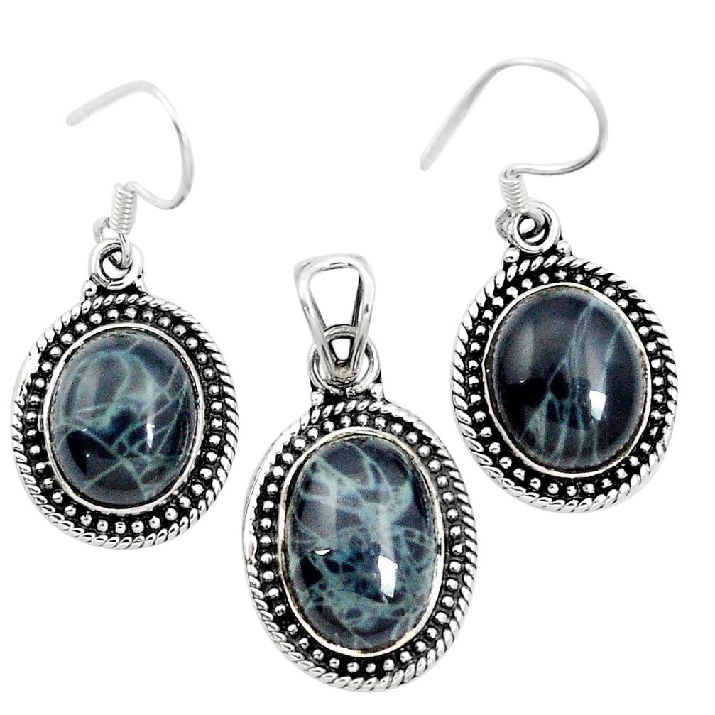 Natural black spider web obsidian 925 silver pendant earrings set m62073
