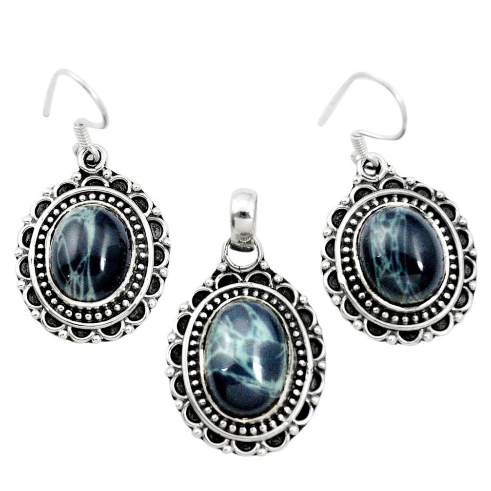 925 silver natural black spider web obsidian pendant earrings set m62076