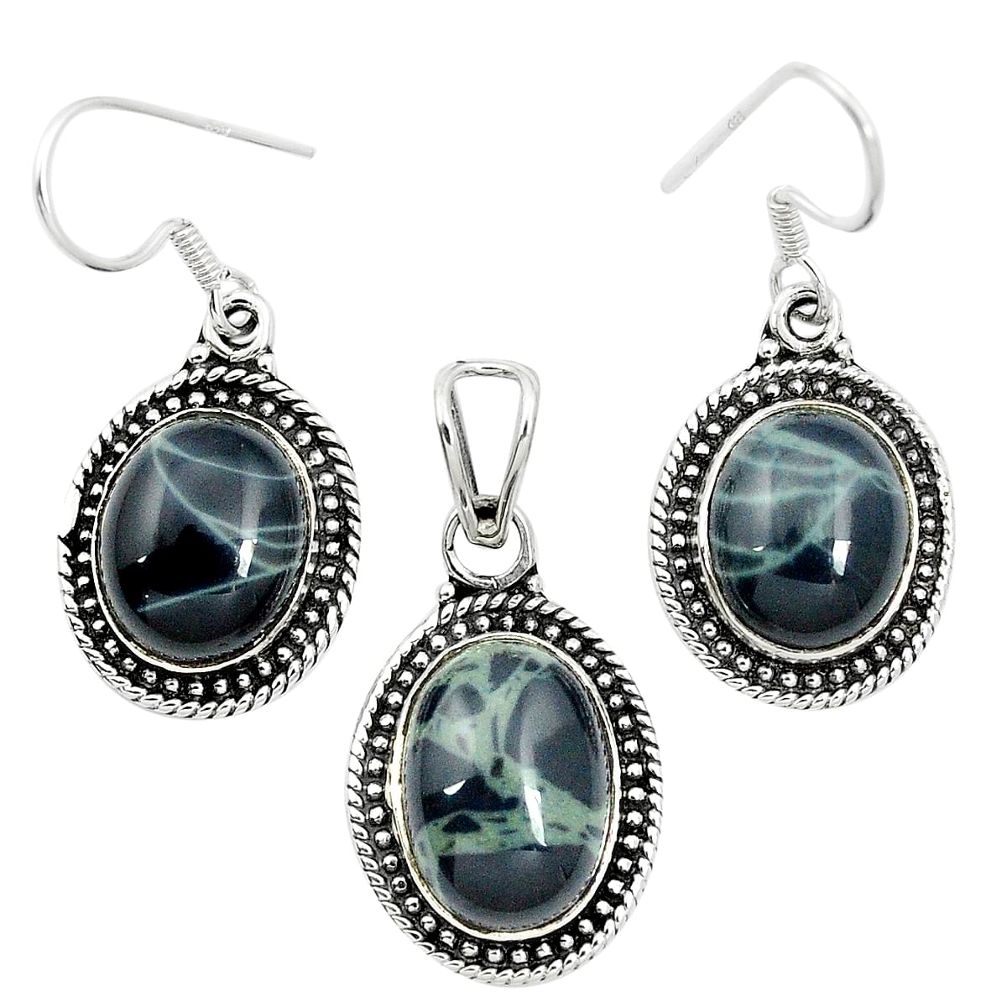 Natural black spider web obsidian 925 silver pendant earrings set m62078