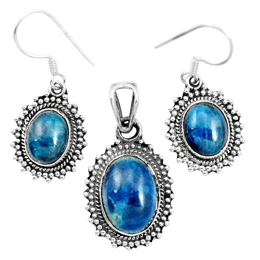 Natural blue apatite (madagascar) 925 silver pendant earrings set m62082