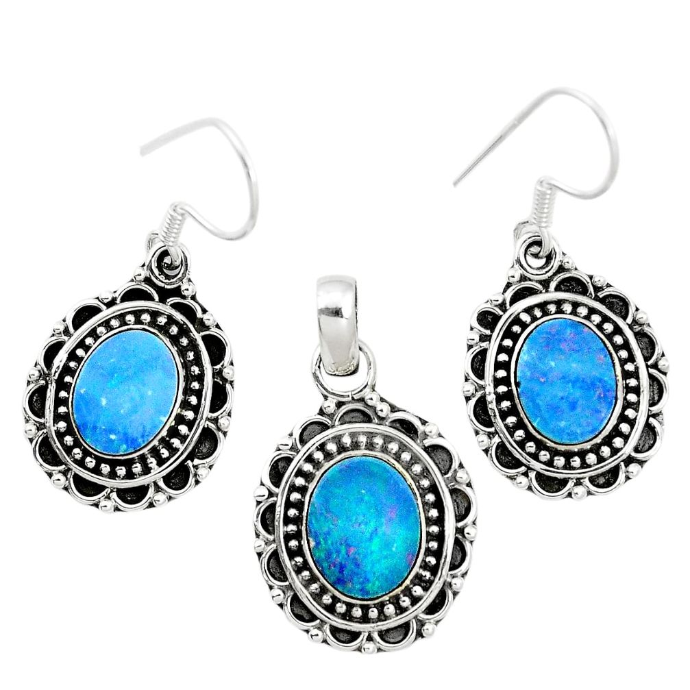 925 silver natural blue doublet opal australian pendant earrings set m62124