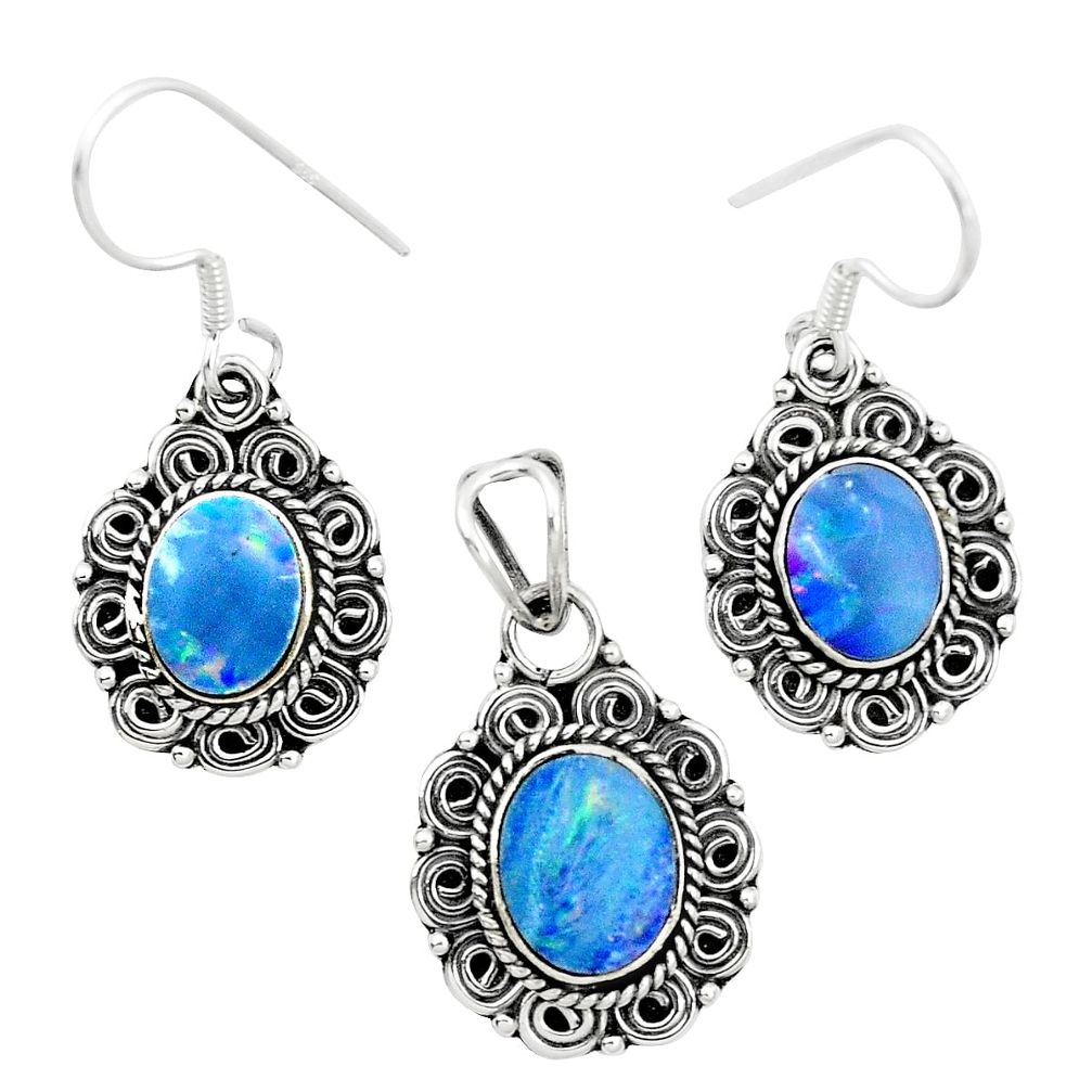 Natural blue doublet opal australian 925 silver pendant earrings set m62125