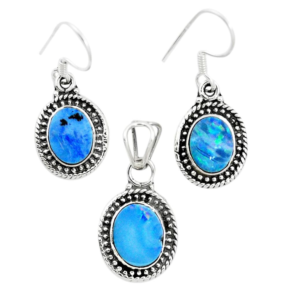 Natural blue doublet opal australian 925 silver pendant earrings set m62128