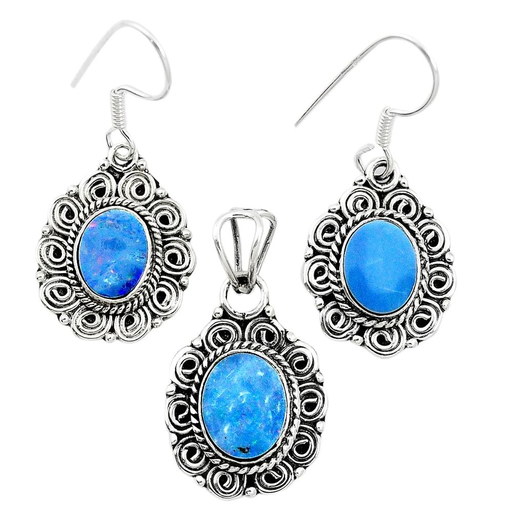 Natural blue doublet opal australian 925 silver pendant earrings set m62130
