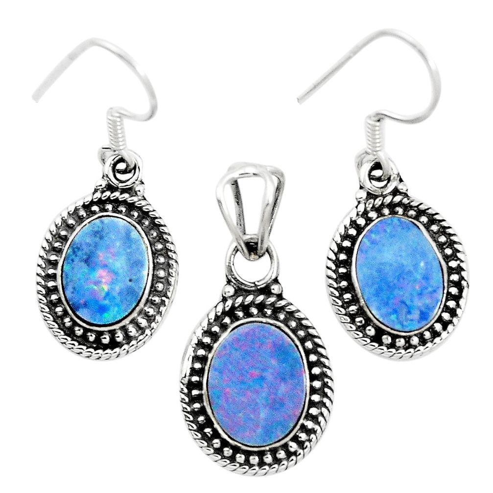 925 silver natural blue doublet opal australian pendant earrings set m62131