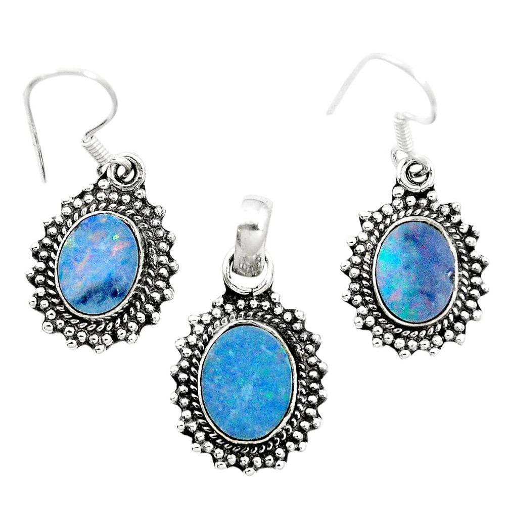 Natural blue doublet opal australian 925 silver pendant earrings set m62132