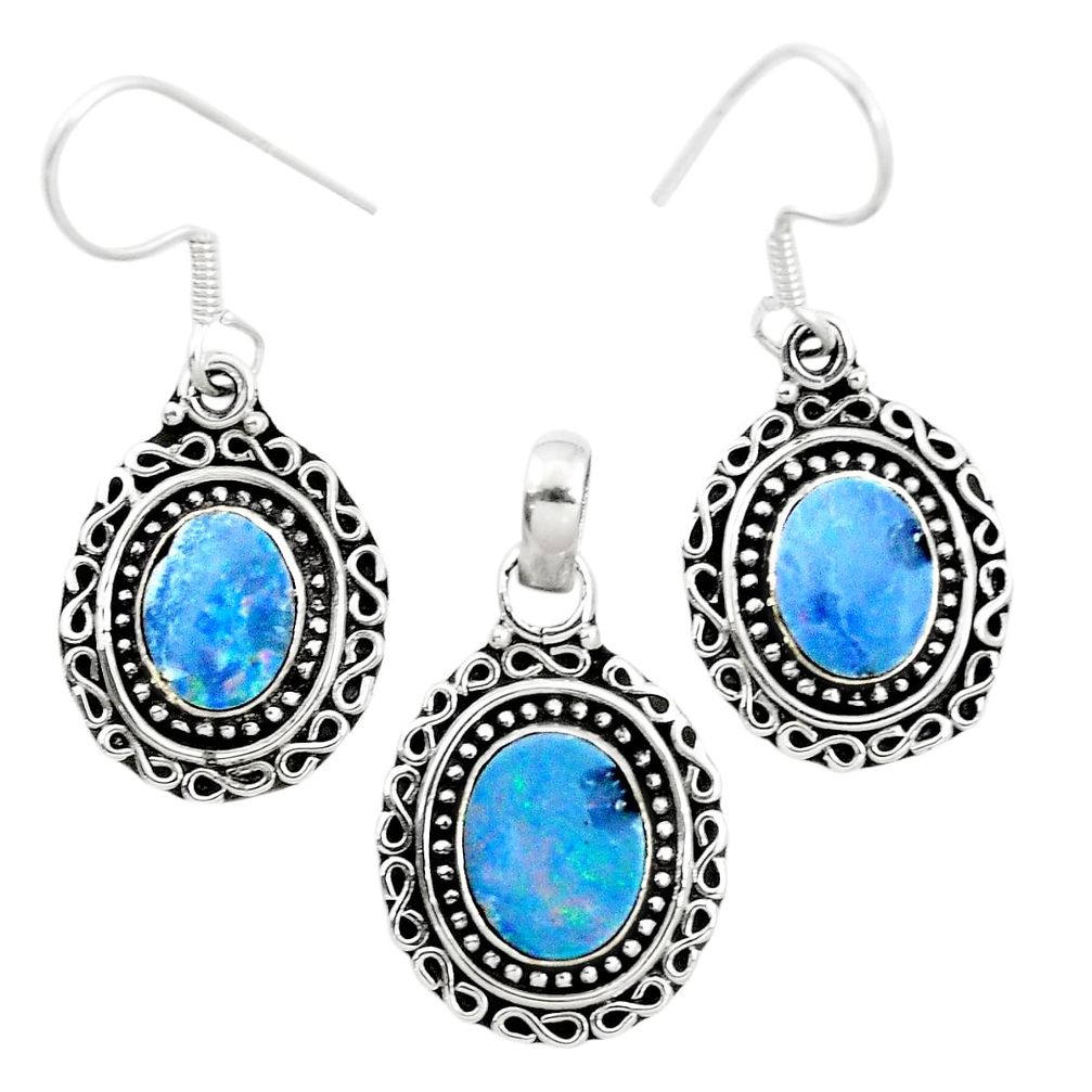 Natural blue doublet opal australian 925 silver pendant earrings set m62133