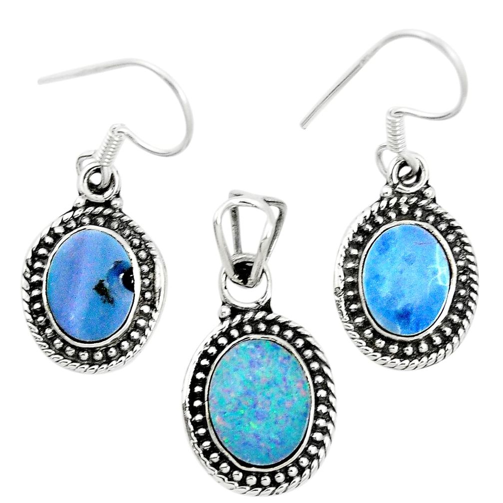 Natural blue doublet opal australian 925 silver pendant earrings set m62134