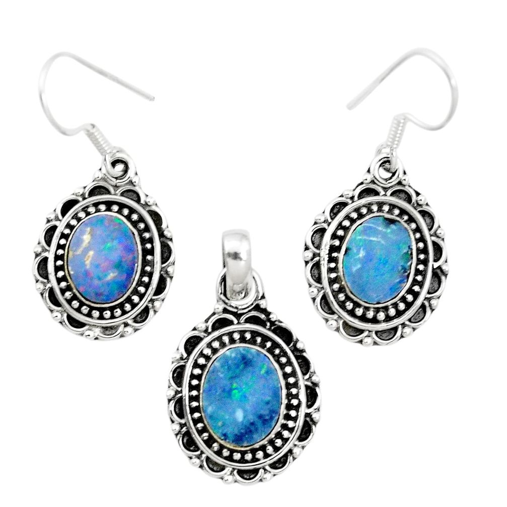 Natural blue doublet opal australian 925 silver pendant earrings set m62135