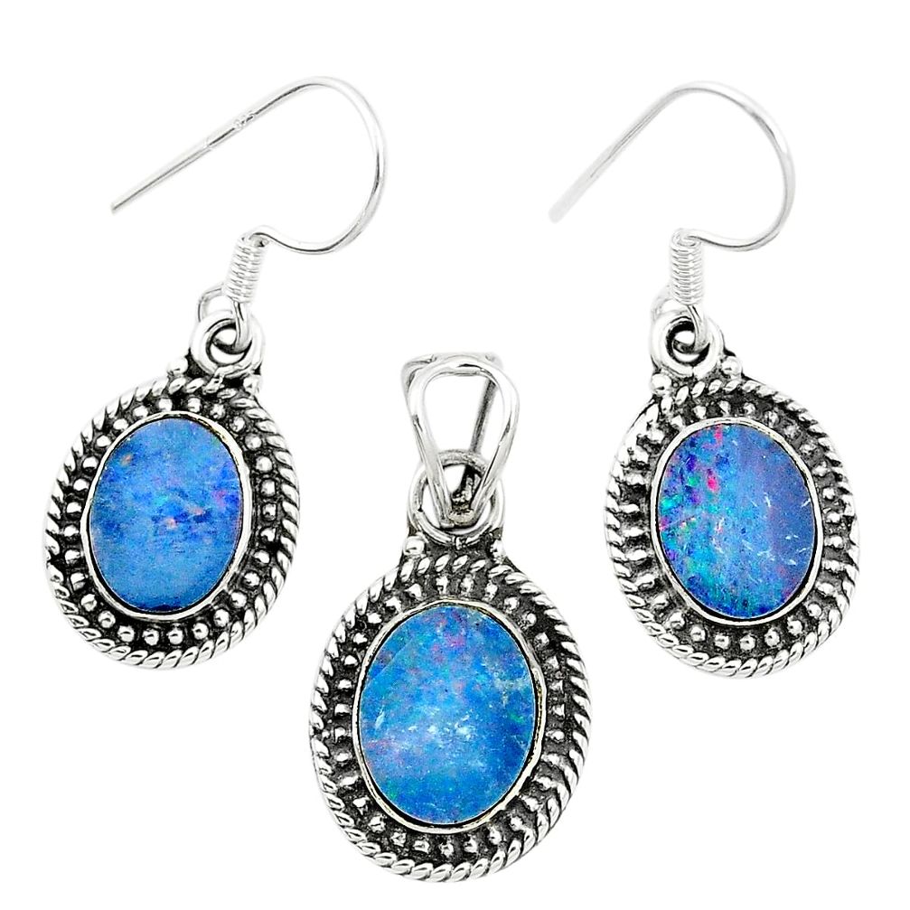 Natural blue doublet opal australian 925 silver pendant earrings set m62136