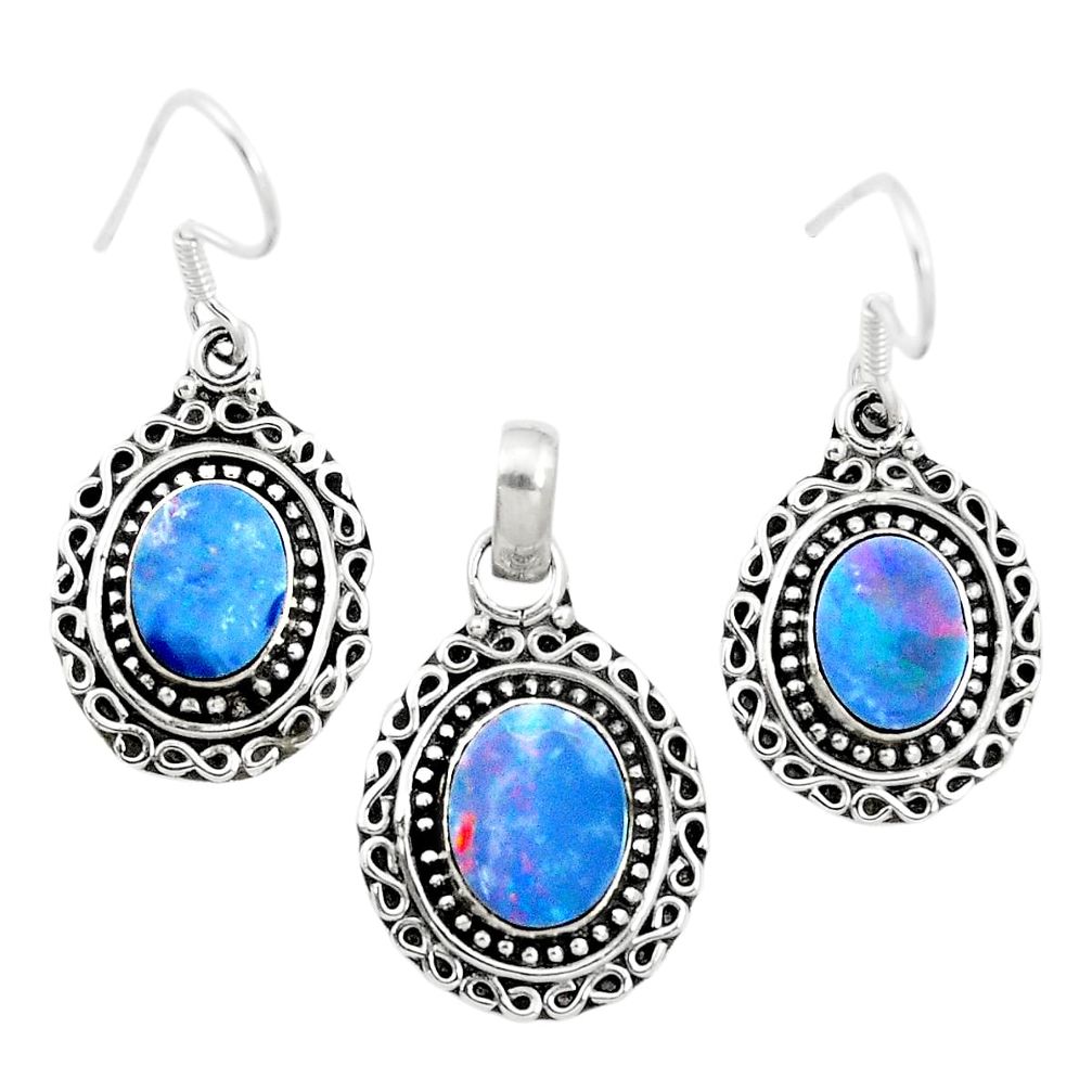 925 silver natural blue doublet opal australian pendant earrings set m62137