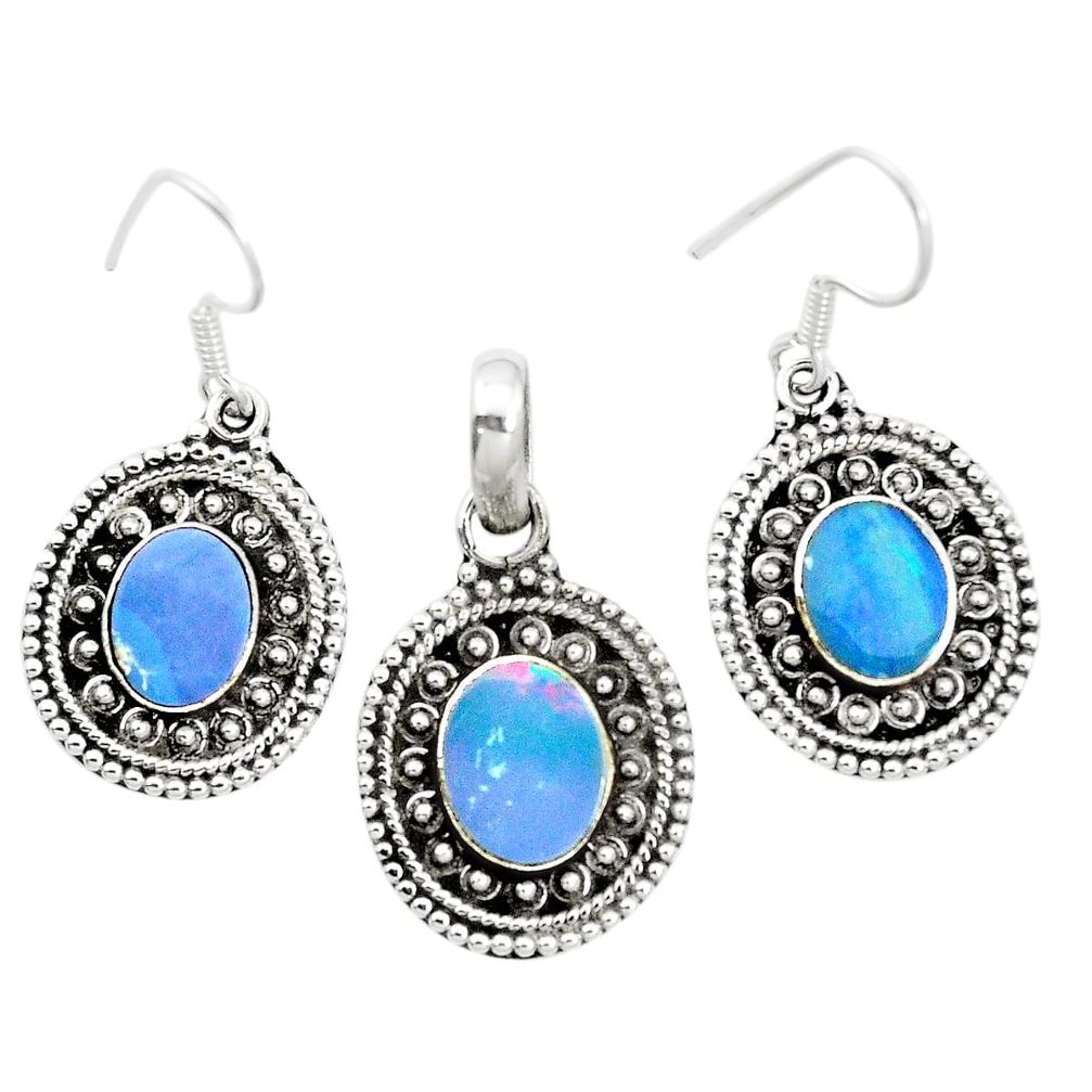 Natural blue doublet opal australian 925 silver pendant earrings set m62138