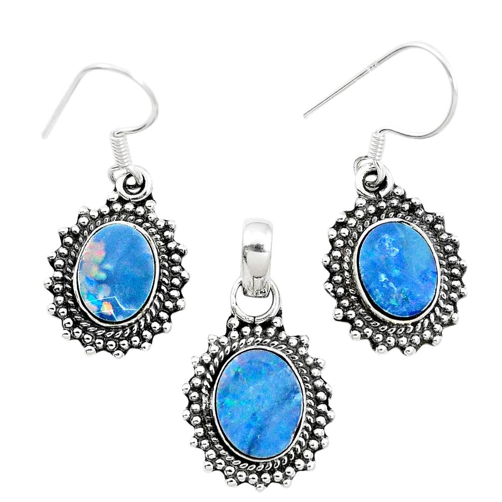 Natural blue doublet opal australian 925 silver pendant earrings set m62139