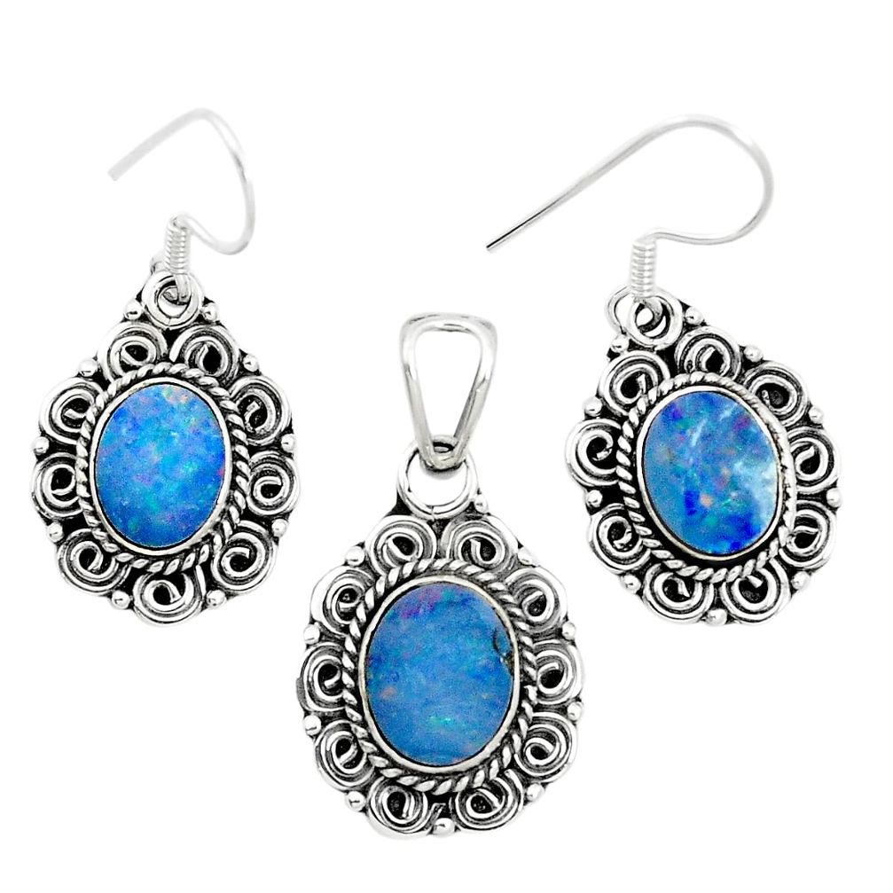 Natural blue doublet opal australian 925 silver pendant earrings set m62140