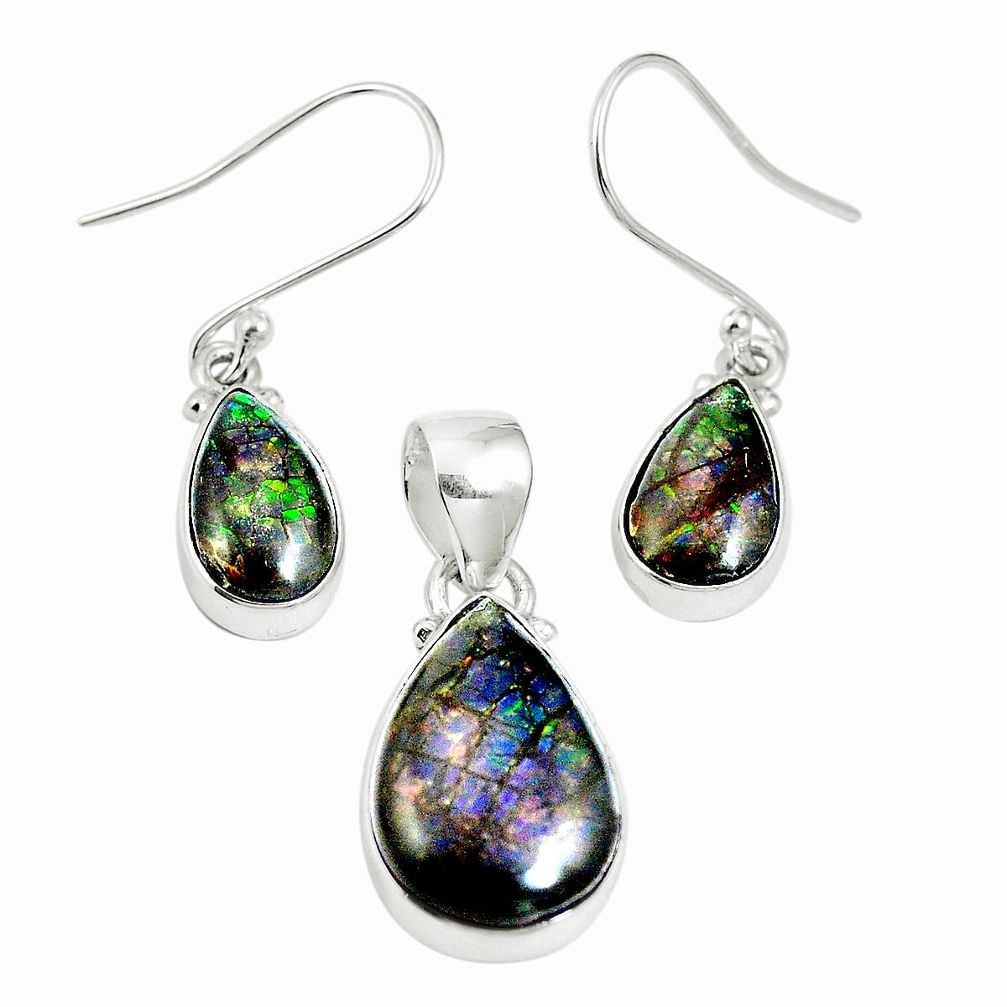 Natural multi color ammolite (canadian) 925 silver pendant earrings set m63341