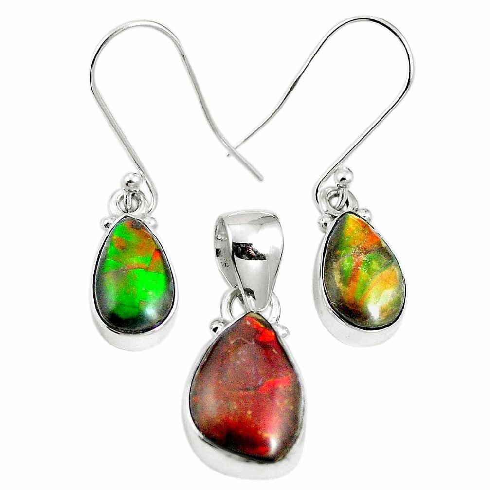 Natural multi color ammolite (canadian) 925 silver pendant earrings set m63343