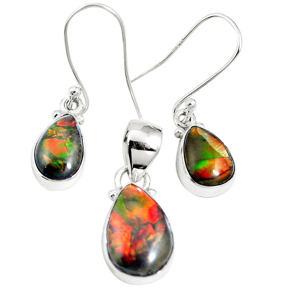 Natural multi color ammolite (canadian) 925 silver pendant earrings set m63345