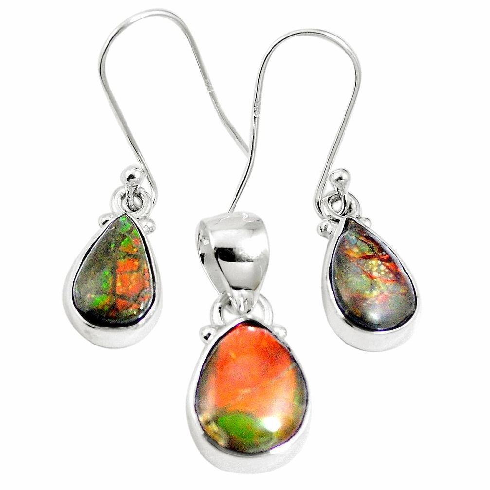 Natural multi color ammolite (canadian) 925 silver pendant earrings set m63346