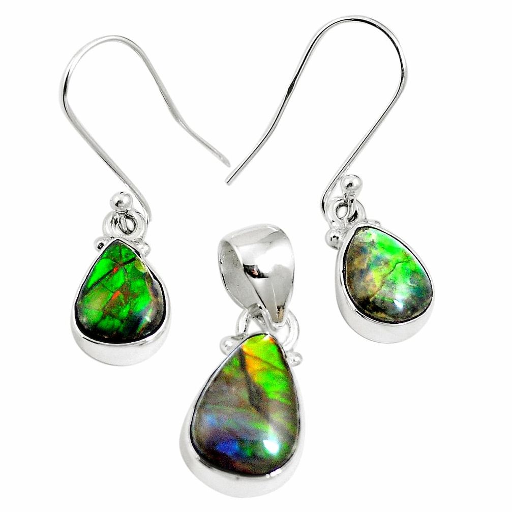 Natural multi color ammolite (canadian) 925 silver pendant earrings set m63348