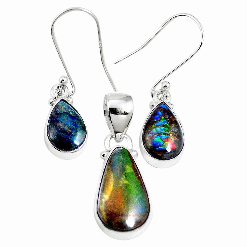 Natural multi color ammolite (canadian) 925 silver pendant earrings set m63354