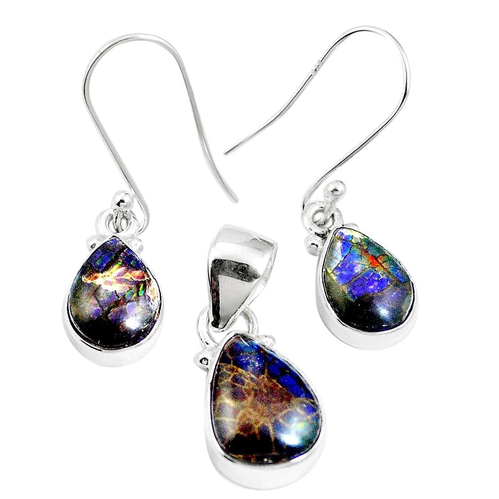 Natural multi color ammolite (canadian) 925 silver pendant earrings set m63357