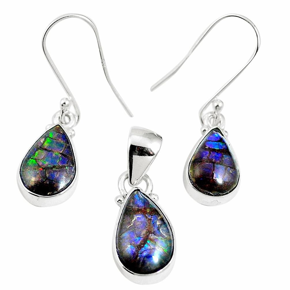 Natural multi color ammolite (canadian) 925 silver pendant earrings set m63358