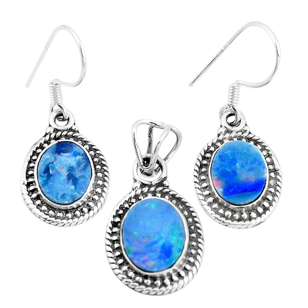 Natural blue doublet opal australian 925 silver pendant earrings set m78601