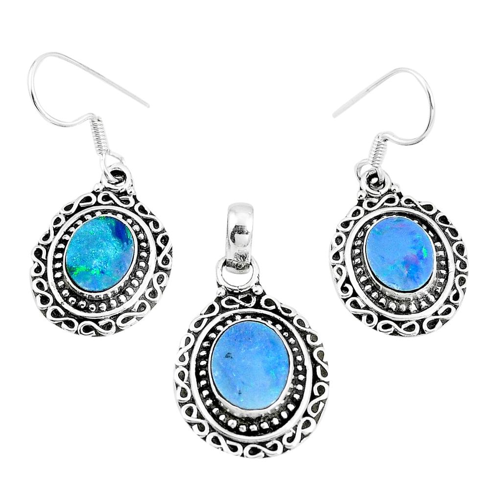 Natural blue doublet opal australian 925 silver pendant earrings set m78602