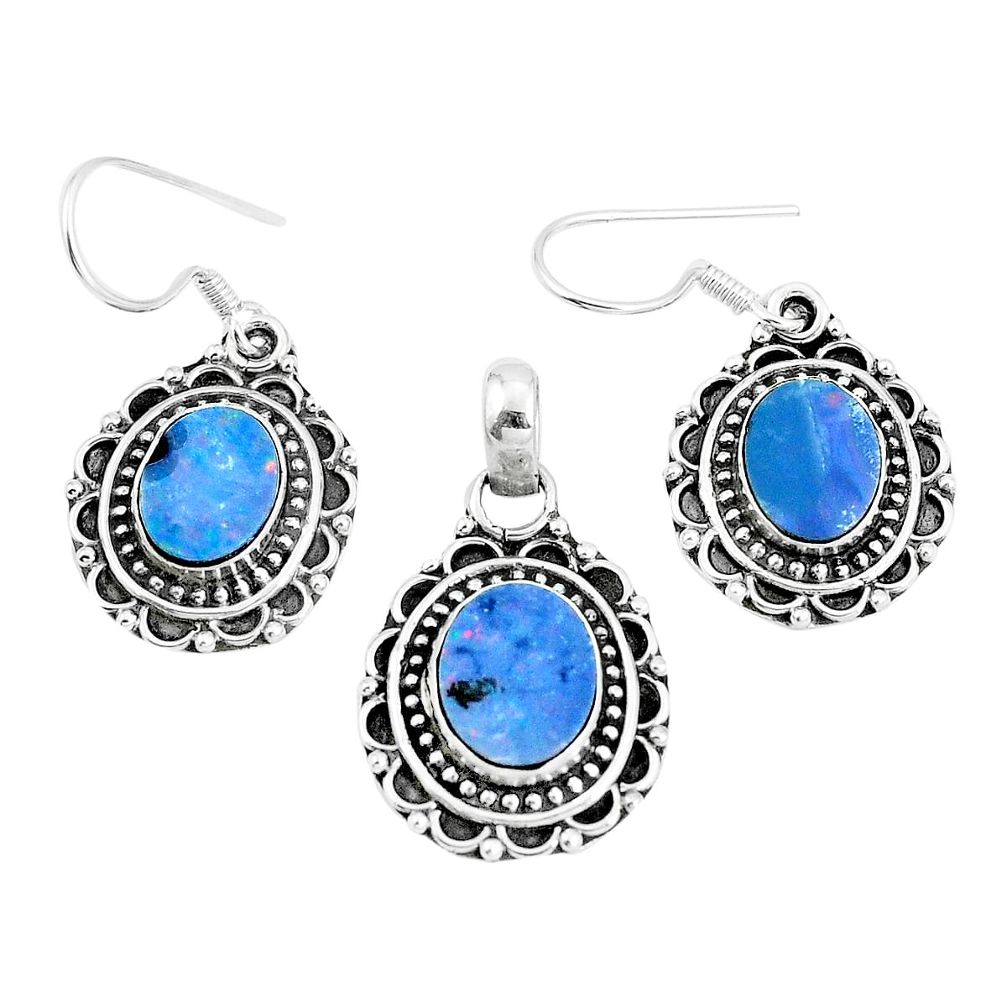 Natural blue doublet opal australian 925 silver pendant earrings set m78603